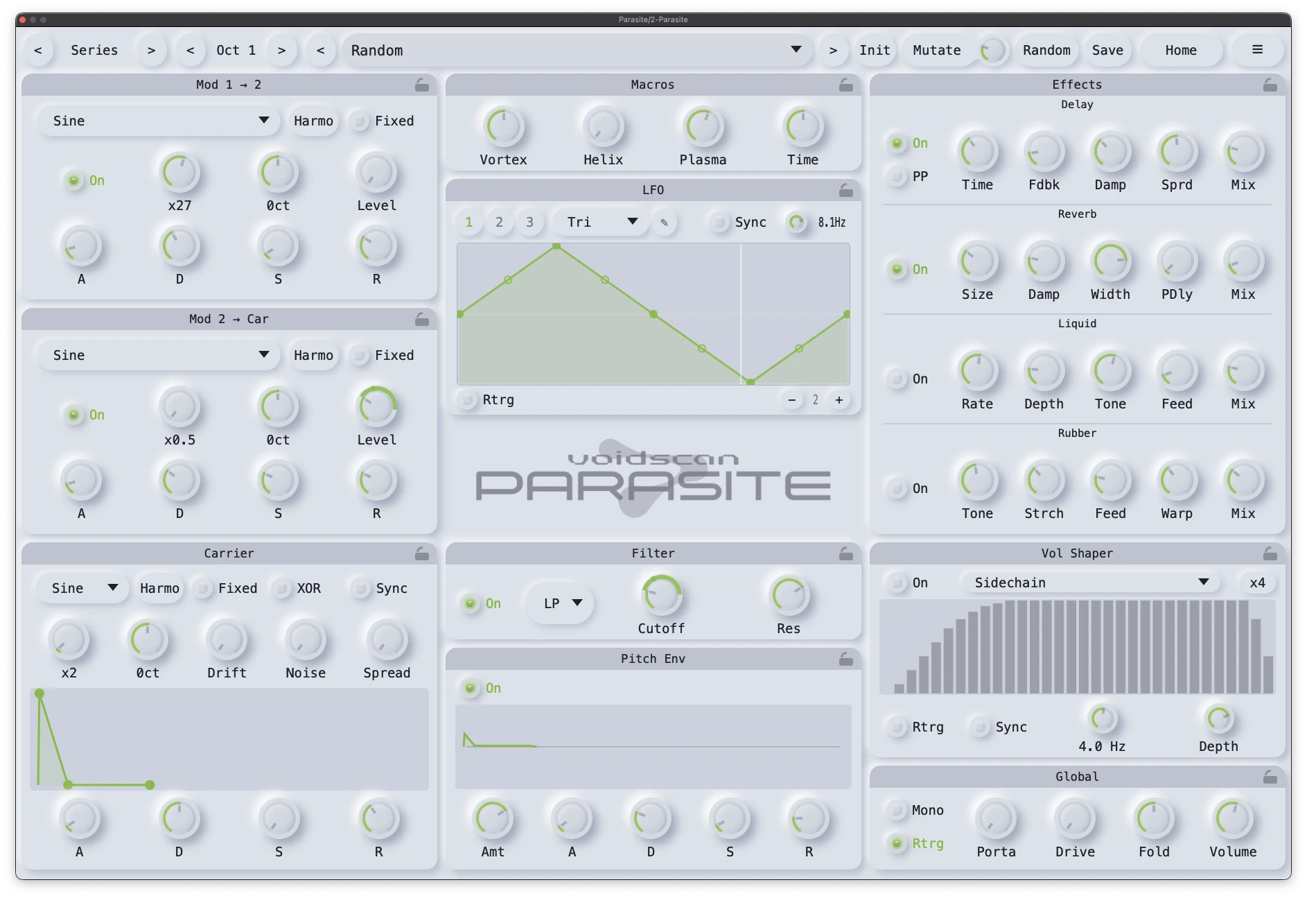 The Parasite advanced panel: three operator sections with envelopes, four macros, a drawable LFO, filter and pitch envelope, delay, reverb, Liquid and Rubber, a volume shaper and global controls