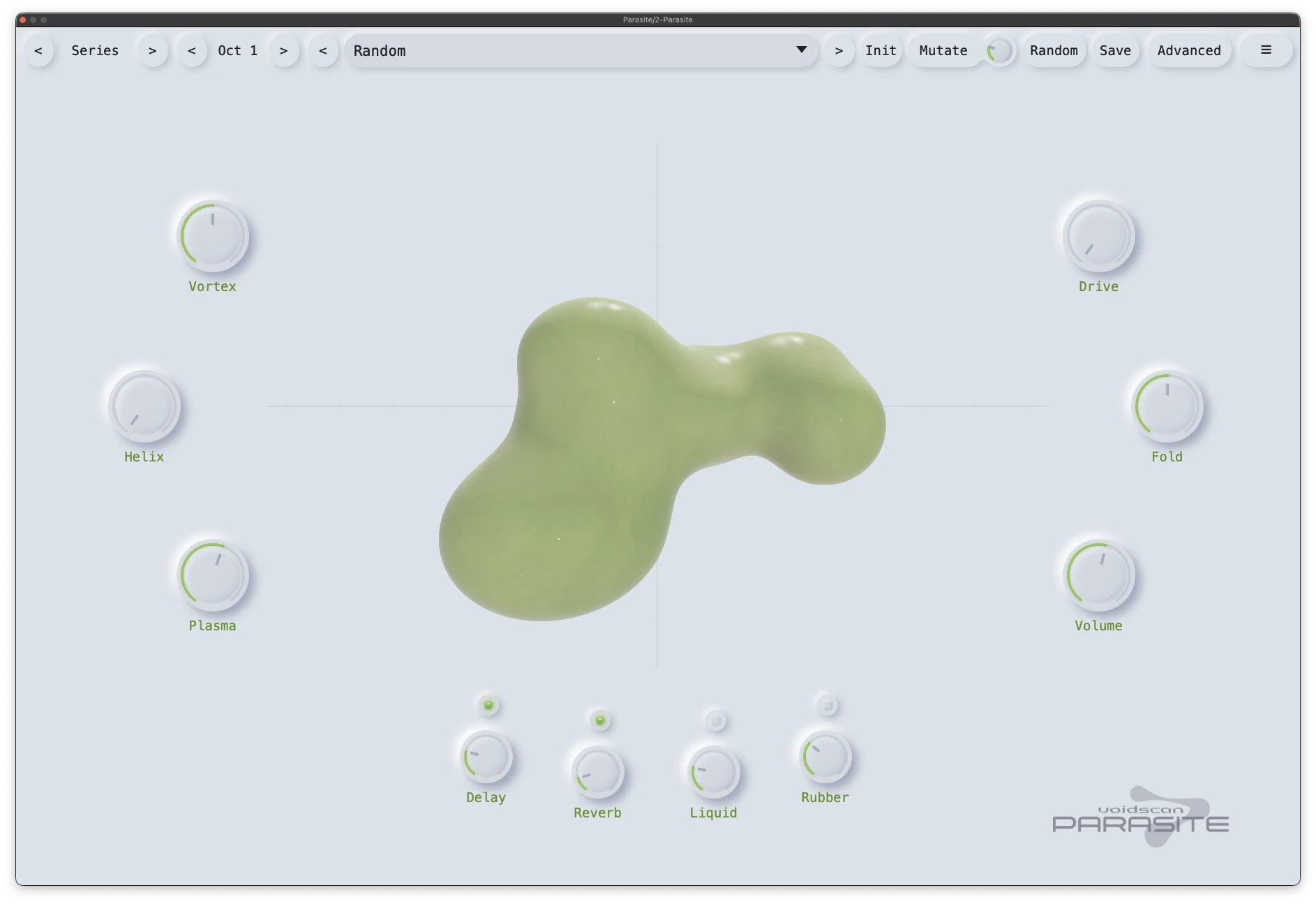 The Parasite home panel: a raymarched creature in the middle, with Vortex, Helix and Plasma on the left, Drive, Fold and Volume on the right, and Delay, Reverb, Liquid and Rubber along the bottom